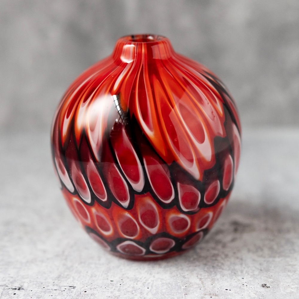Crate and Barrel Koda mini red black white millefiori glass vase polished bottom